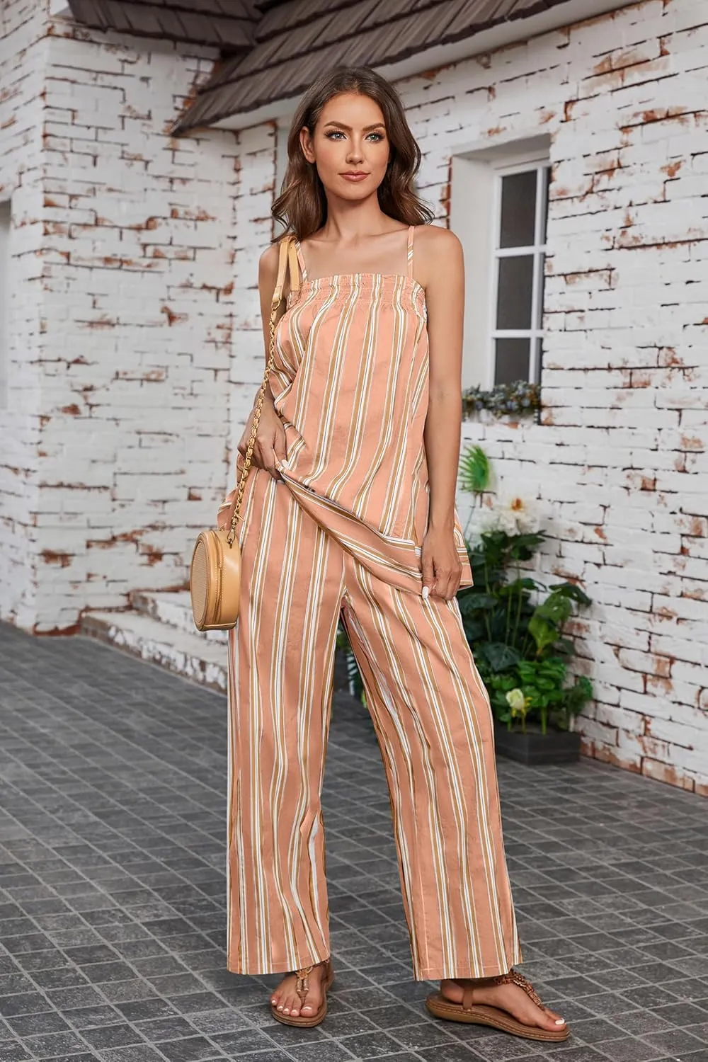 MISSACTIVER Women Sleeveless Striped Tunic Tank Top Summer Color Block Smocked Spaghetti Strap Camisole Tops with Pockets