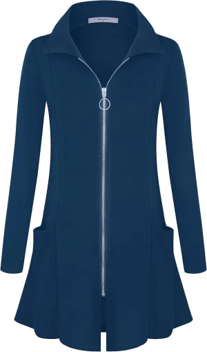 Miusey Womens Zip Up Tunic Sweatshirt Collar Neck Lightweight Long Jacket Cardigans