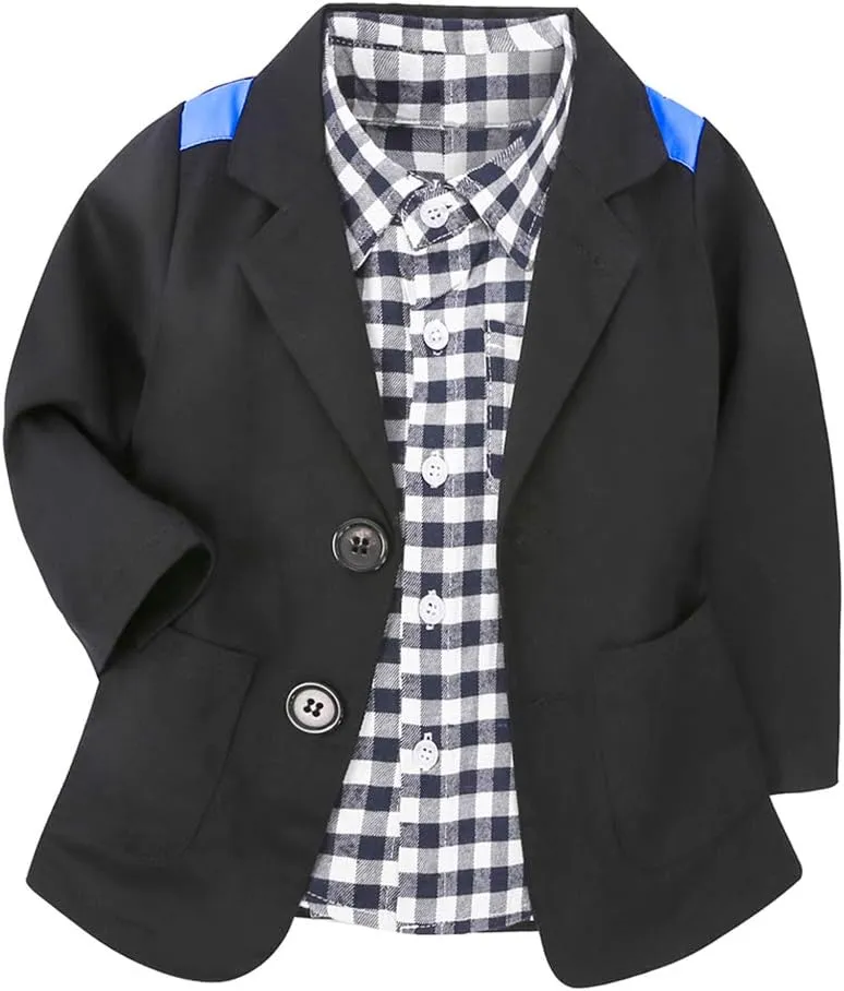 MYGBCPJS 3Pcs Boy Handsome Outfit Set Plaid Shirt   T-Shirt   Suspender Jean Sets