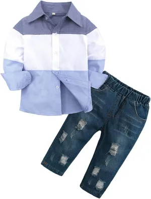 MYGBCPJS 3Pcs Boy Handsome Outfit Set Plaid Shirt   T-Shirt   Suspender Jean Sets