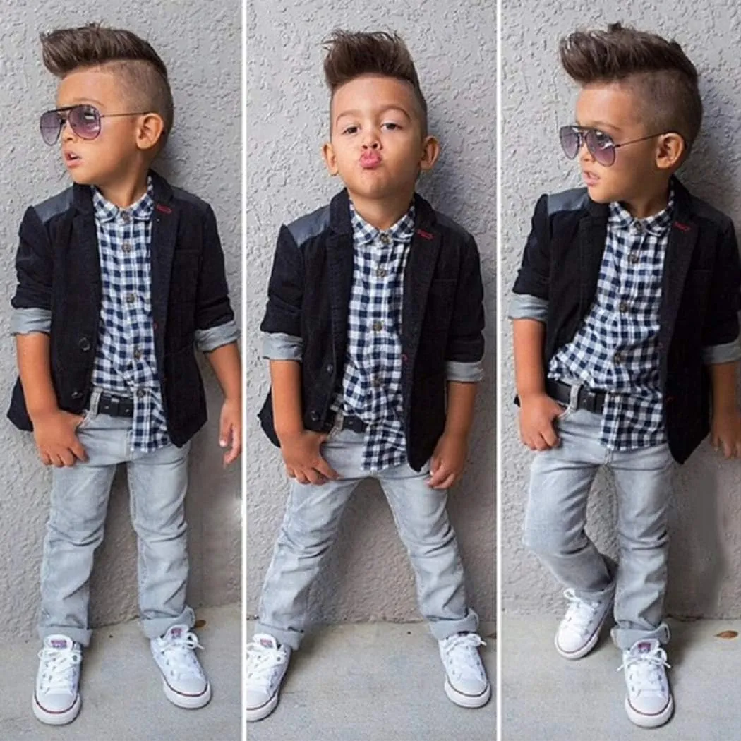 MYGBCPJS 3Pcs Boy Handsome Outfit Set Plaid Shirt   T-Shirt   Suspender Jean Sets