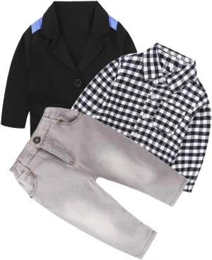 MYGBCPJS 3Pcs Boy Handsome Outfit Set Plaid Shirt   T-Shirt   Suspender Jean Sets
