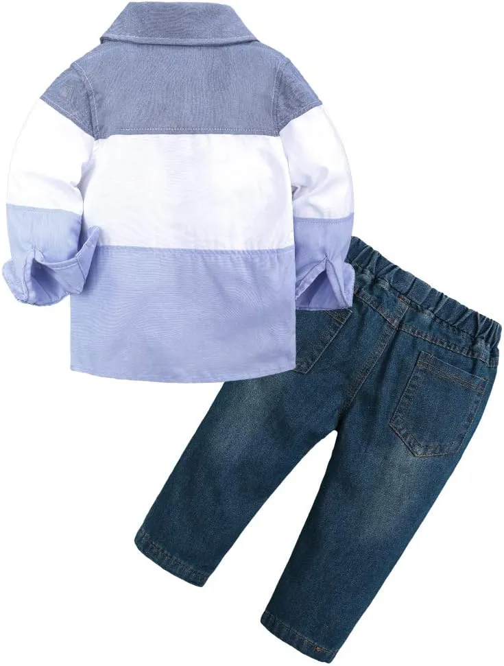 MYGBCPJS 3Pcs Boy Handsome Outfit Set Plaid Shirt   T-Shirt   Suspender Jean Sets