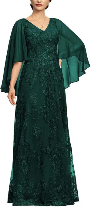 NABN Mother of The Bride Dresses with Cape Long Evening Dress Chiffon Formal Wedding Guest Dresses for Women