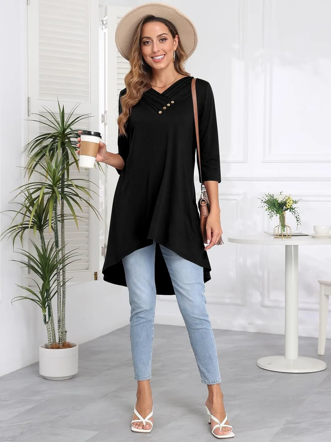 Naggoo Womens Long Shirts for Leggings 3/4 Sleeve V Neck Button Decor High Low Tops Casual Loose Fit Tunic Tops