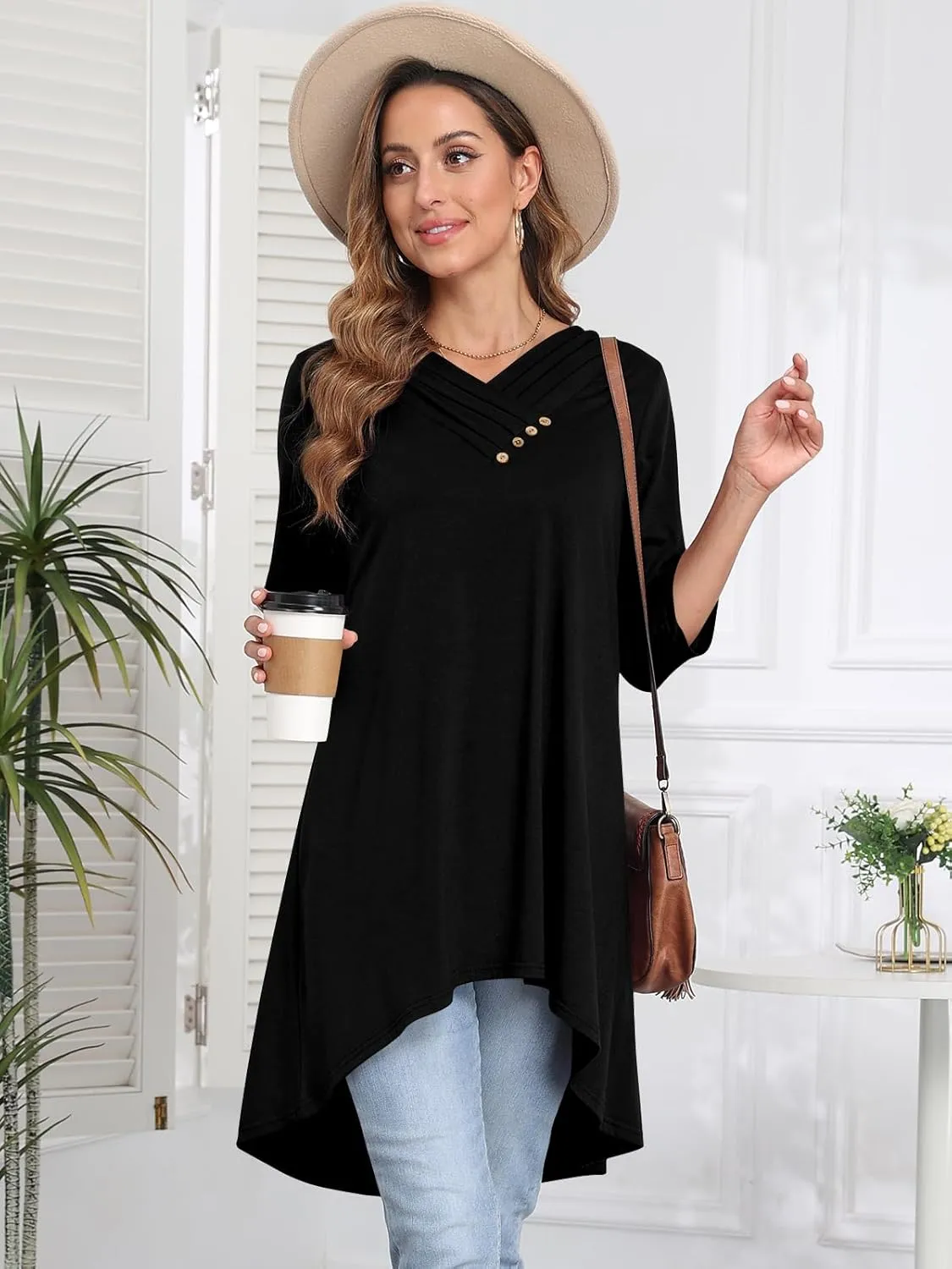 Naggoo Womens Long Shirts for Leggings 3/4 Sleeve V Neck Button Decor High Low Tops Casual Loose Fit Tunic Tops