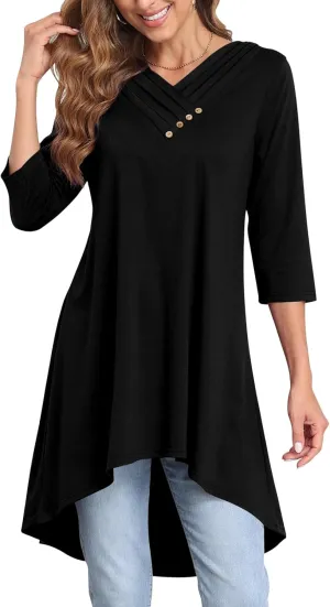 Naggoo Womens Long Shirts for Leggings 3/4 Sleeve V Neck Button Decor High Low Tops Casual Loose Fit Tunic Tops