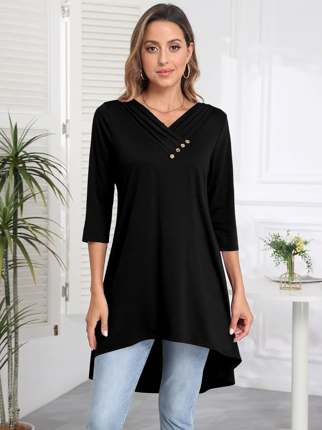 Naggoo Womens Long Shirts for Leggings 3/4 Sleeve V Neck Button Decor High Low Tops Casual Loose Fit Tunic Tops