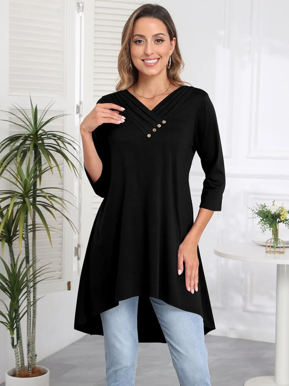 Naggoo Womens Long Shirts for Leggings 3/4 Sleeve V Neck Button Decor High Low Tops Casual Loose Fit Tunic Tops