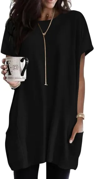 Naggoo Womens Short Sleeve Tunic Tops for Leggings Summer Casual Long Shirts with Pockets Loose Fit Oversized Tshirts