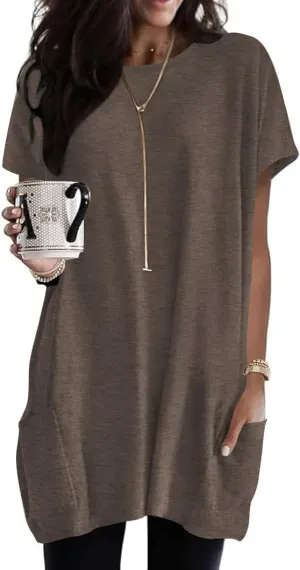 Naggoo Womens Short Sleeve Tunic Tops for Leggings Summer Casual Long Shirts with Pockets Loose Fit Oversized Tshirts