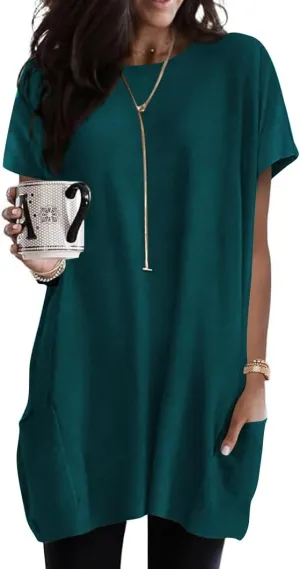 Naggoo Womens Short Sleeve Tunic Tops for Leggings Summer Casual Long Shirts with Pockets Loose Fit Oversized Tshirts