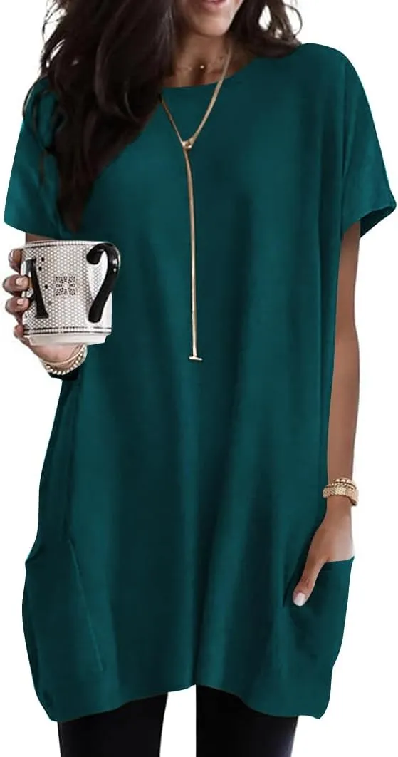 Naggoo Womens Short Sleeve Tunic Tops for Leggings Summer Casual Long Shirts with Pockets Loose Fit Oversized Tshirts