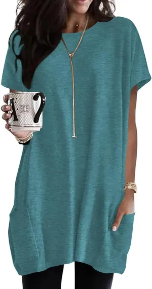 Naggoo Womens Short Sleeve Tunic Tops for Leggings Summer Casual Long Shirts with Pockets Loose Fit Oversized Tshirts