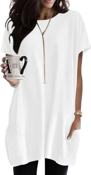 Naggoo Womens Short Sleeve Tunic Tops for Leggings Summer Casual Long Shirts with Pockets Loose Fit Oversized Tshirts