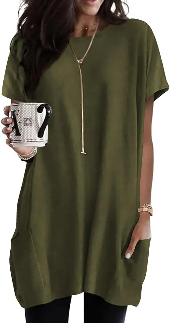 Naggoo Womens Short Sleeve Tunic Tops for Leggings Summer Casual Long Shirts with Pockets Loose Fit Oversized Tshirts