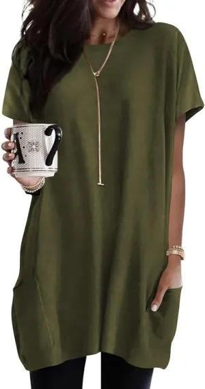 Naggoo Womens Short Sleeve Tunic Tops for Leggings Summer Casual Long Shirts with Pockets Loose Fit Oversized Tshirts