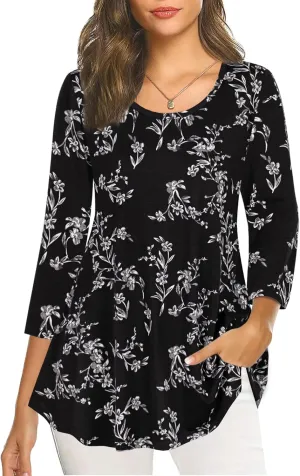 Nandashe Womens 3/4 Sleeves Floral Tunic Shirts Summer Casual Dressy Blouse Tops