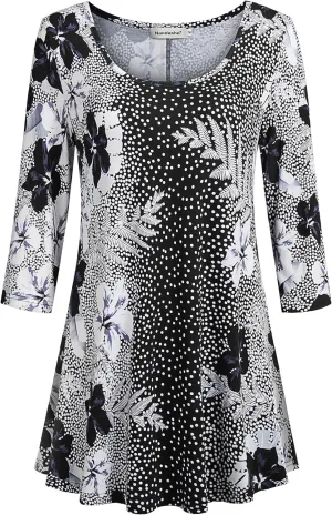 Nandashe Womens 3/4 Sleeves Floral Tunic Shirts Summer Casual Dressy Blouse Tops