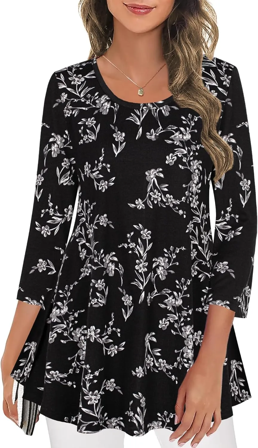 Nandashe Womens 3/4 Sleeves Floral Tunic Shirts Summer Casual Dressy Blouse Tops