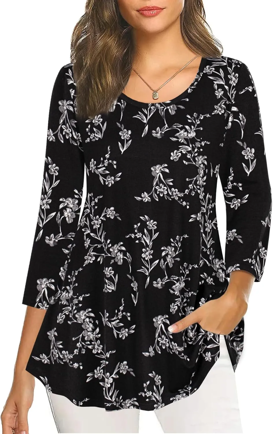 Nandashe Womens 3/4 Sleeves Floral Tunic Shirts Summer Casual Dressy Blouse Tops