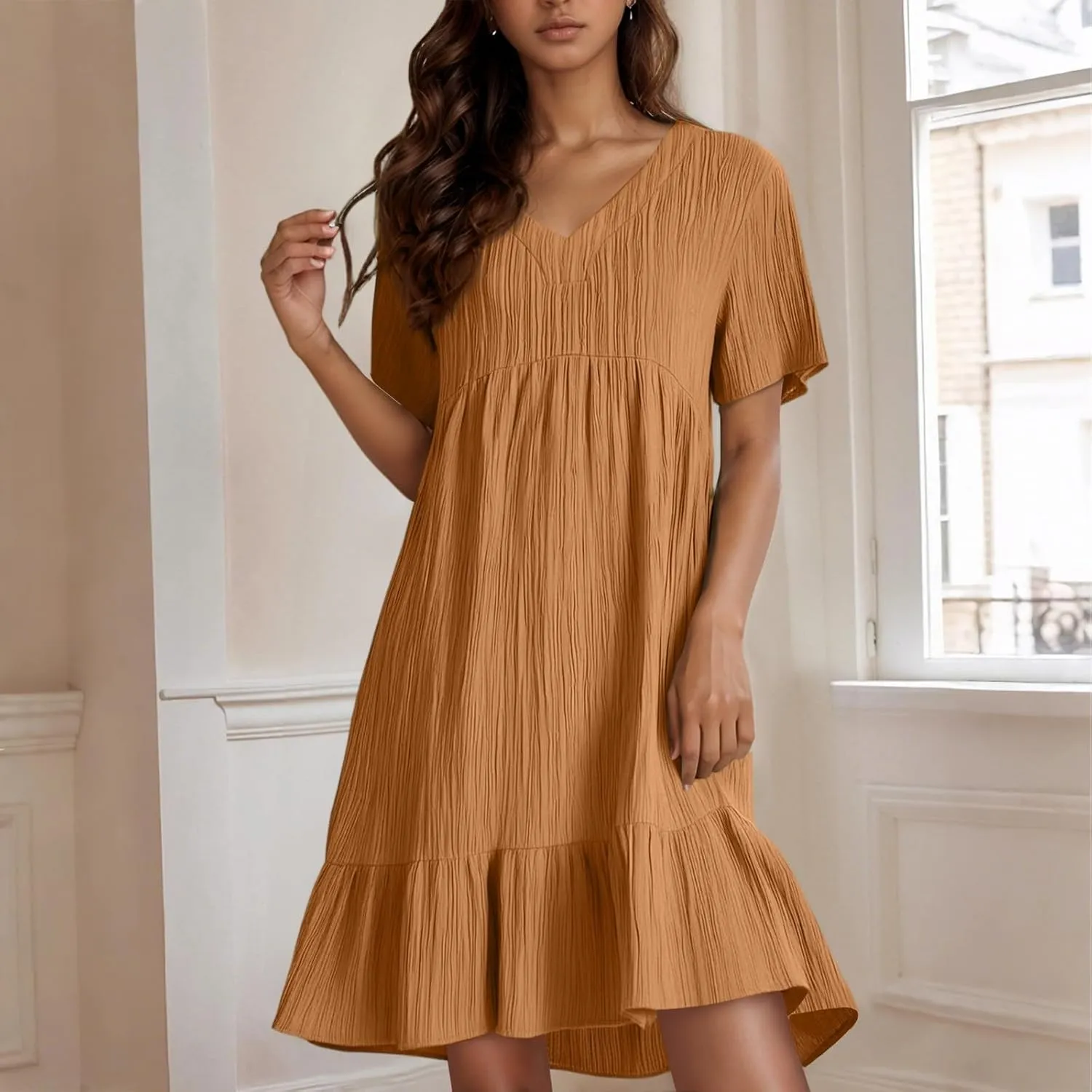 NBXNZWF Summer Dresses for Women 2025 Short Sleeve V Neck Ruffle Flowy Mini Dress Pleated Beach Vacation T Shirt Sundress