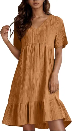 NBXNZWF Summer Dresses for Women 2025 Short Sleeve V Neck Ruffle Flowy Mini Dress Pleated Beach Vacation T Shirt Sundress