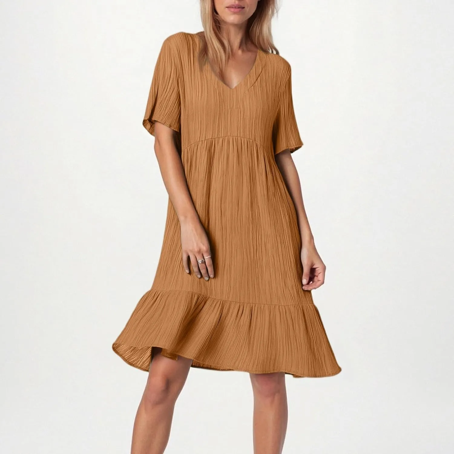 NBXNZWF Summer Dresses for Women 2025 Short Sleeve V Neck Ruffle Flowy Mini Dress Pleated Beach Vacation T Shirt Sundress