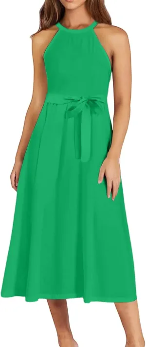 NBXNZWF Womens 2025 Summer Dresses Casual Sleeveless Floral Print Midi Dresses Loose Boho Beach Sundress with Adjustable Belt