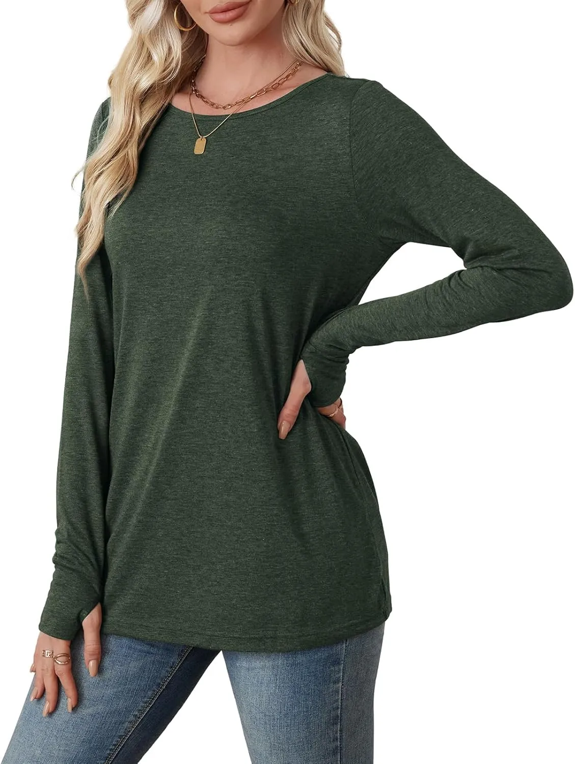 OFEEFAN Long Sleeve Shirts for Women Tunic Tops Thumb Hole Oversized Tshirts Fall Outfits
