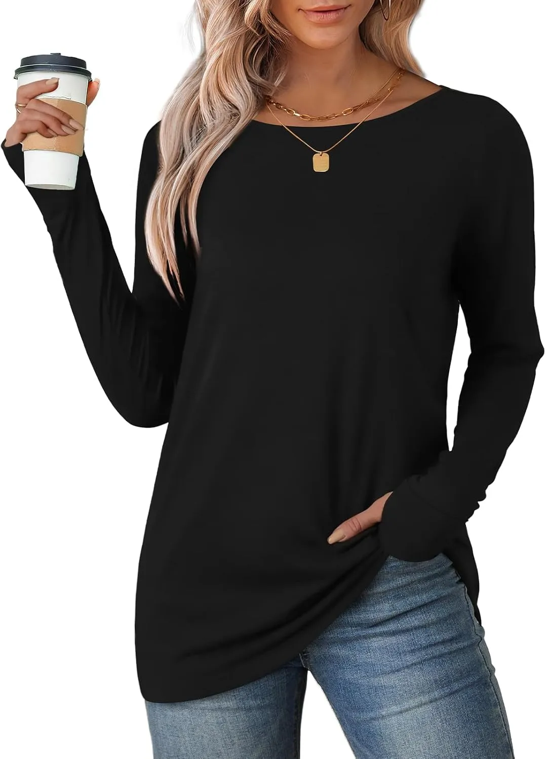 OFEEFAN Long Sleeve Shirts for Women Tunic Tops Thumb Hole Oversized Tshirts Fall Outfits