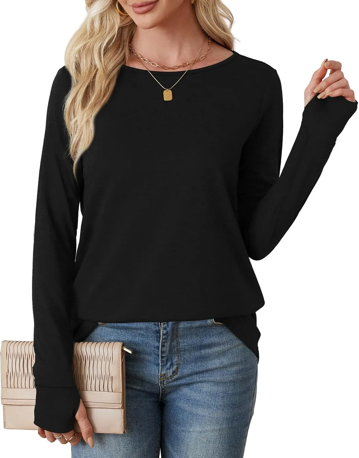 OFEEFAN Long Sleeve Shirts for Women Tunic Tops Thumb Hole Oversized Tshirts Fall Outfits
