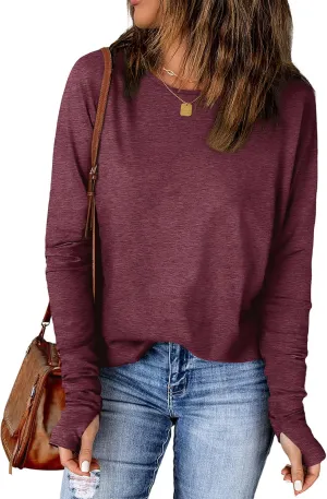 OFEEFAN Long Sleeve Shirts for Women Tunic Tops Thumb Hole Oversized Tshirts Fall Outfits