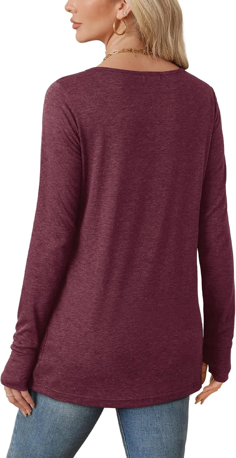 OFEEFAN Long Sleeve Shirts for Women Tunic Tops Thumb Hole Oversized Tshirts Fall Outfits
