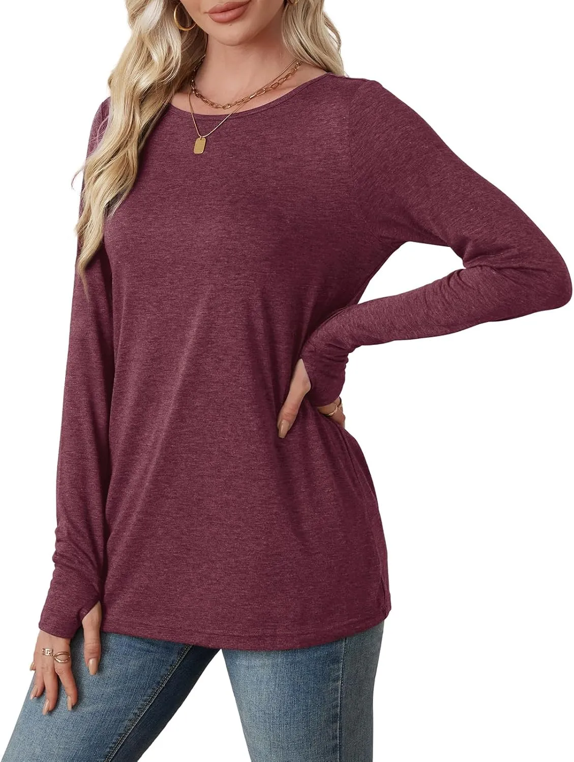 OFEEFAN Long Sleeve Shirts for Women Tunic Tops Thumb Hole Oversized Tshirts Fall Outfits