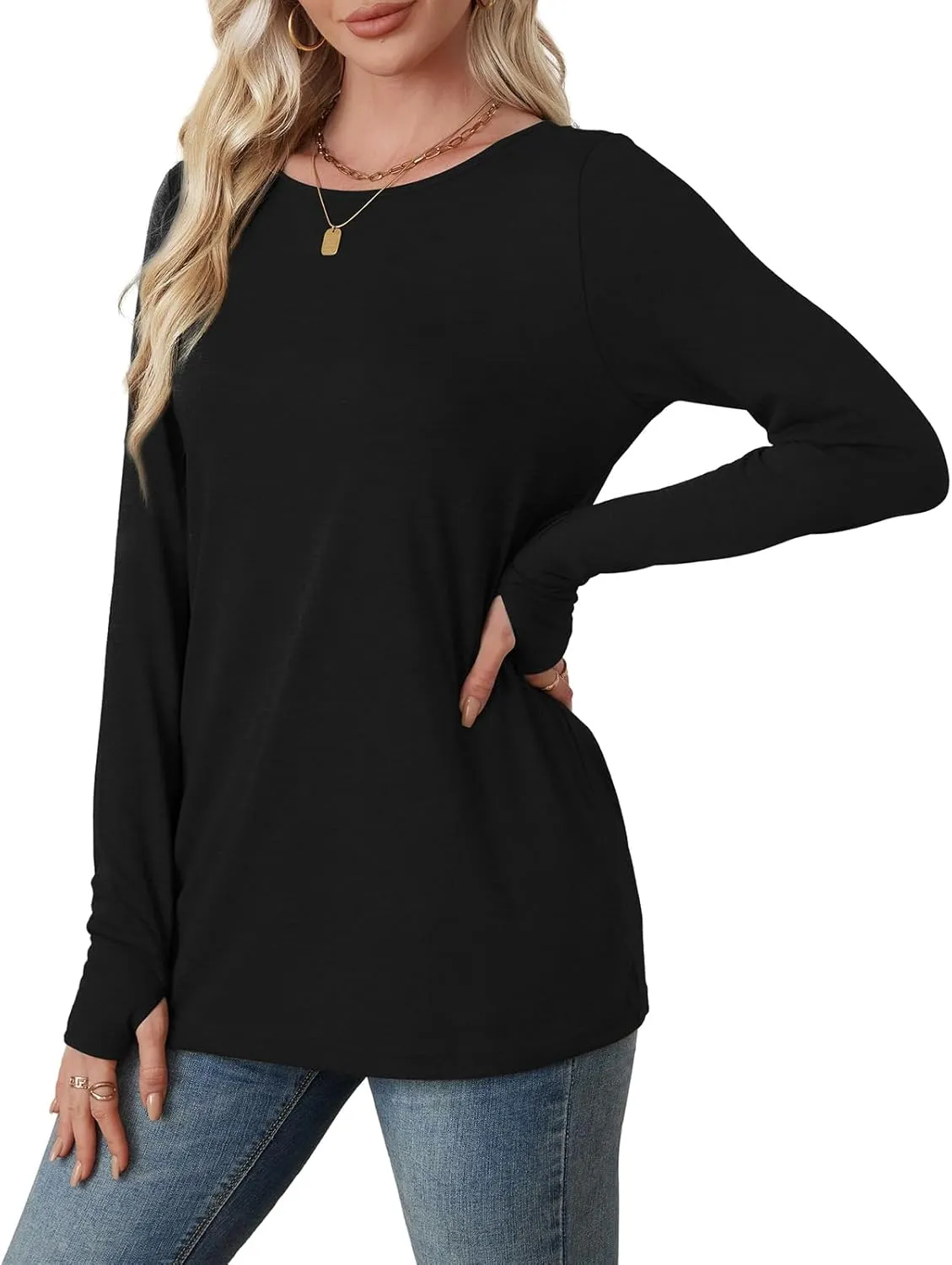 OFEEFAN Long Sleeve Shirts for Women Tunic Tops Thumb Hole Oversized Tshirts Fall Outfits