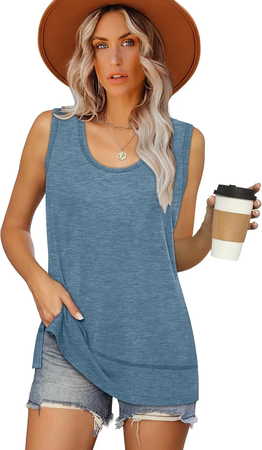 OFEEFAN Women's Side Slit Tank Tops Flowy Sleeveless Shirts Loose Fit Scoop Neck Tops Basic Casual S-4XL