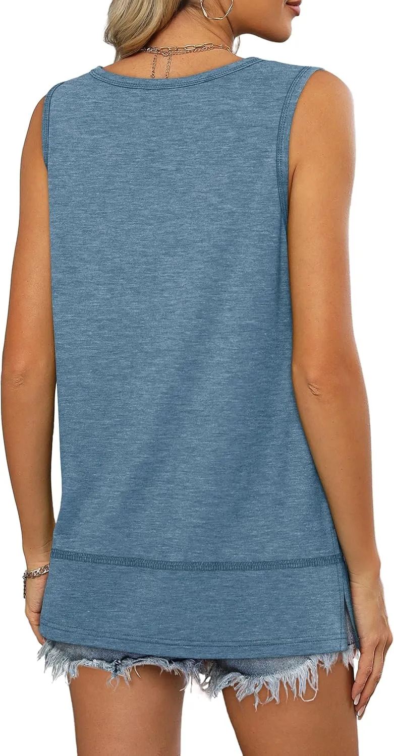 OFEEFAN Women's Side Slit Tank Tops Flowy Sleeveless Shirts Loose Fit Scoop Neck Tops Basic Casual S-4XL