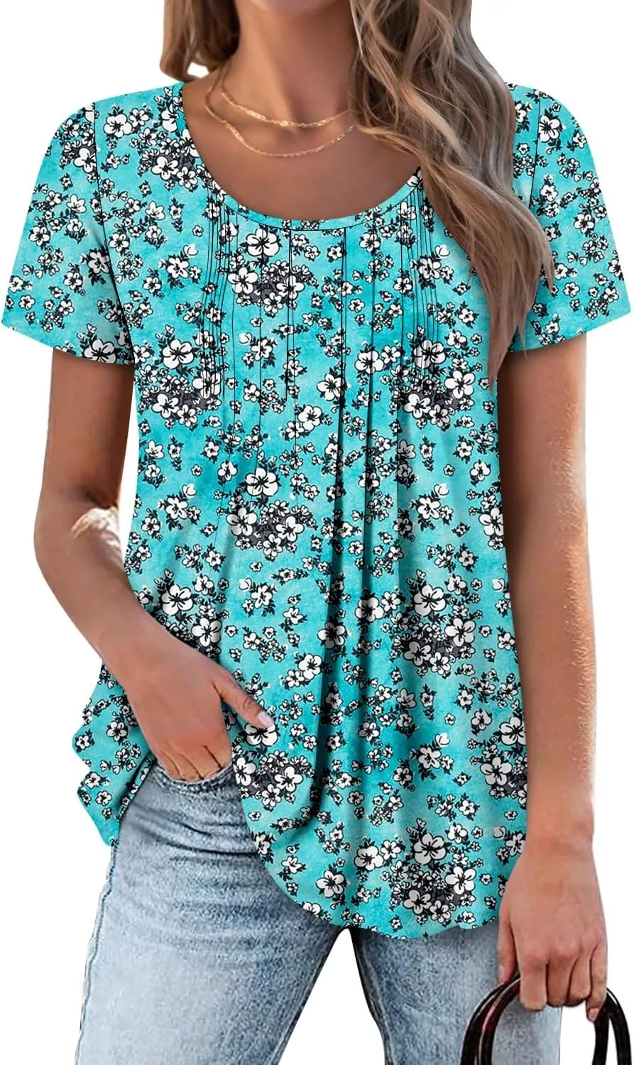 onlypuff Womens Flowy Tunic Tops Short Sleeve Shirts Round Neck Ladies Blouses Summer Fashon Trendy Top