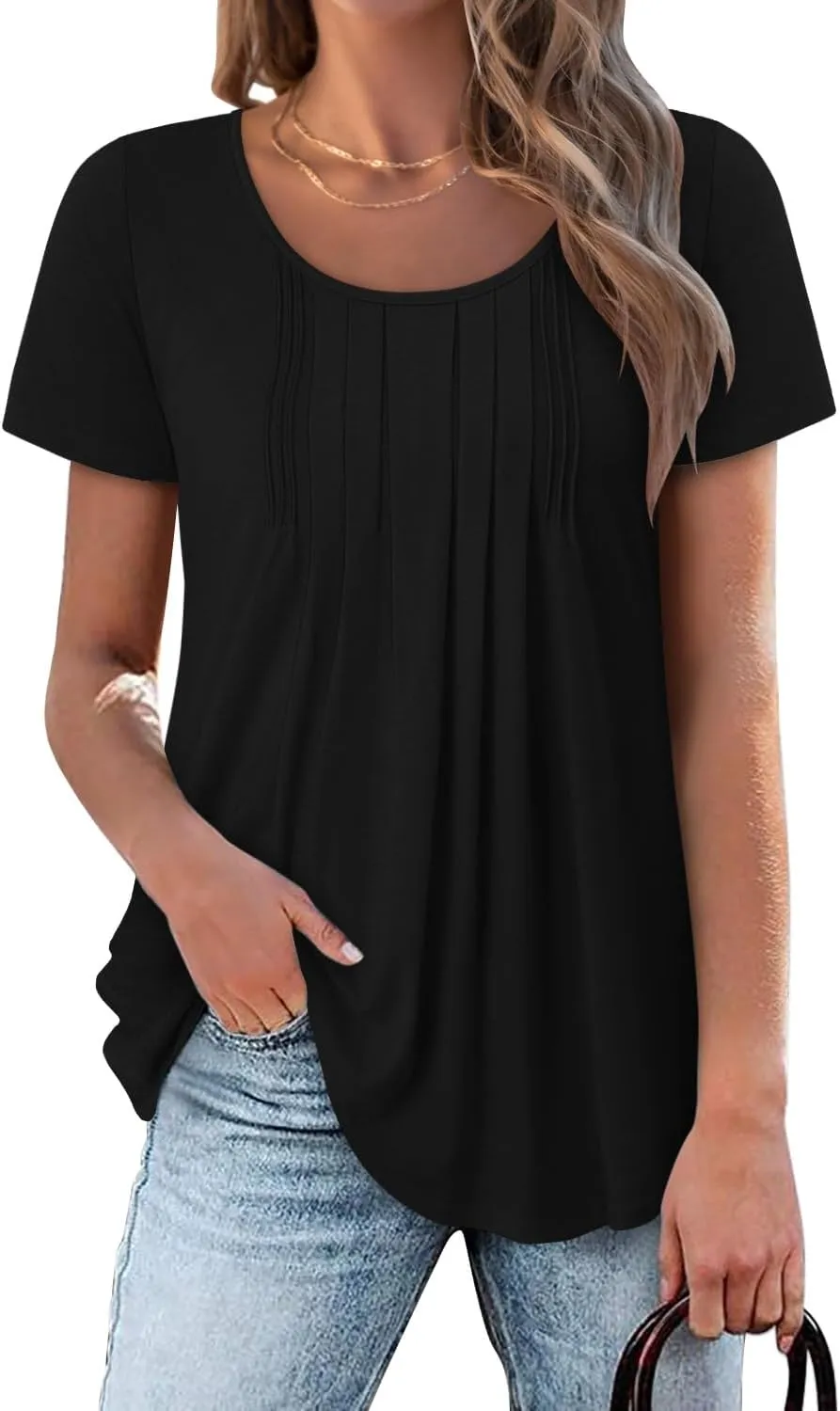 onlypuff Womens Flowy Tunic Tops Short Sleeve Shirts Round Neck Ladies Blouses Summer Fashon Trendy Top