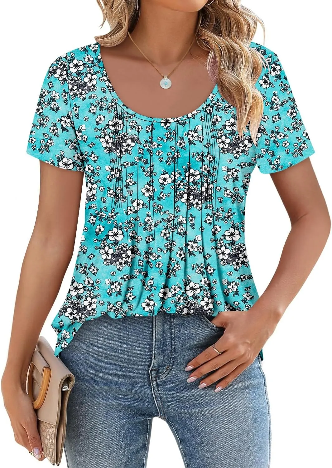 onlypuff Womens Flowy Tunic Tops Short Sleeve Shirts Round Neck Ladies Blouses Summer Fashon Trendy Top