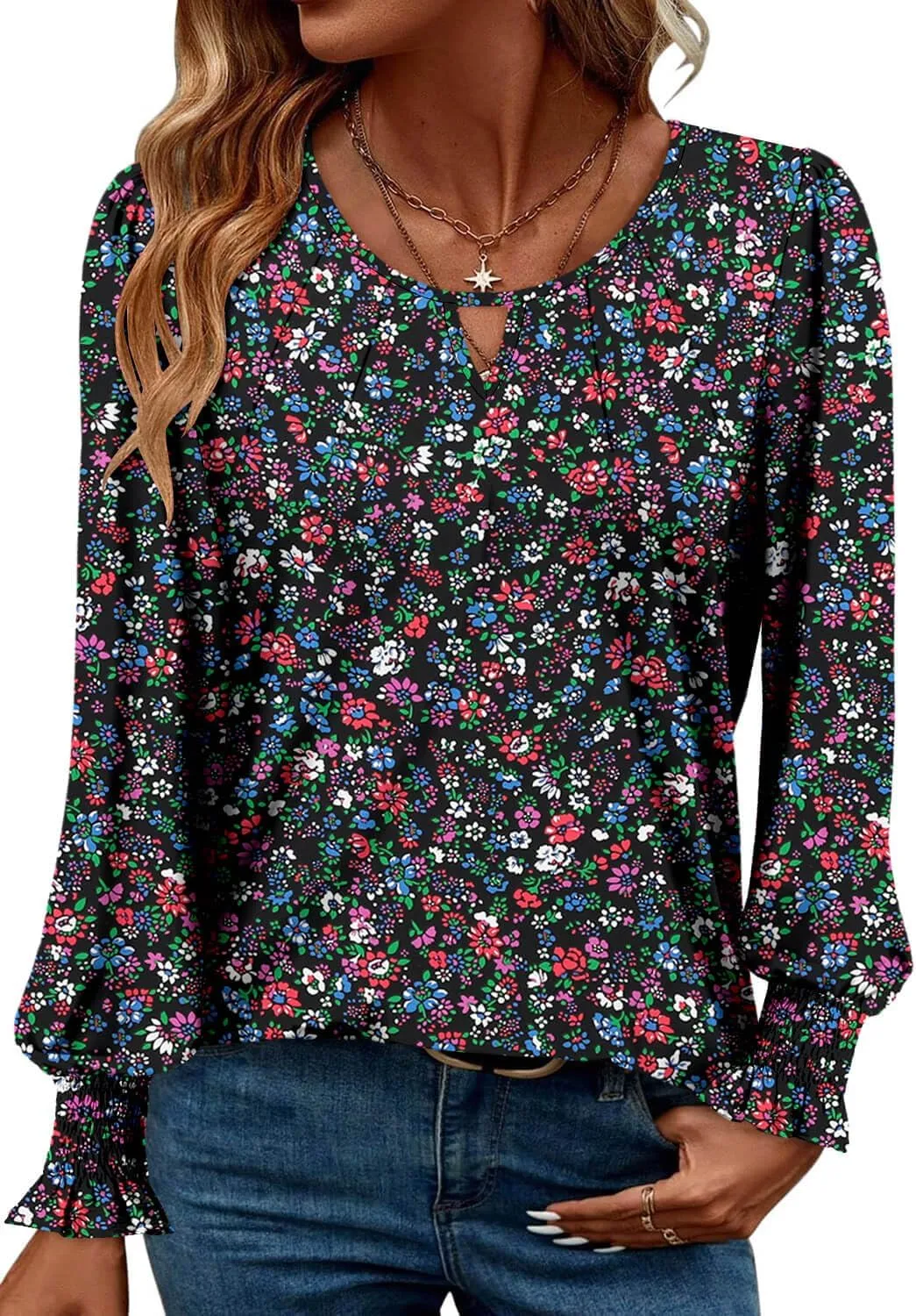 ONLYSHE Women's Long Sleeve Shirts Crewneck Tops TShirts Ladies Casual Flowy Tunic Tops Ruffle Fall Blouse