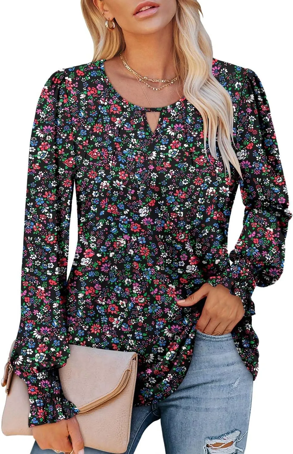 ONLYSHE Women's Long Sleeve Shirts Crewneck Tops TShirts Ladies Casual Flowy Tunic Tops Ruffle Fall Blouse