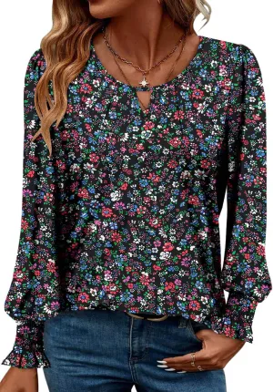 ONLYSHE Women's Long Sleeve Shirts Crewneck Tops TShirts Ladies Casual Flowy Tunic Tops Ruffle Fall Blouse