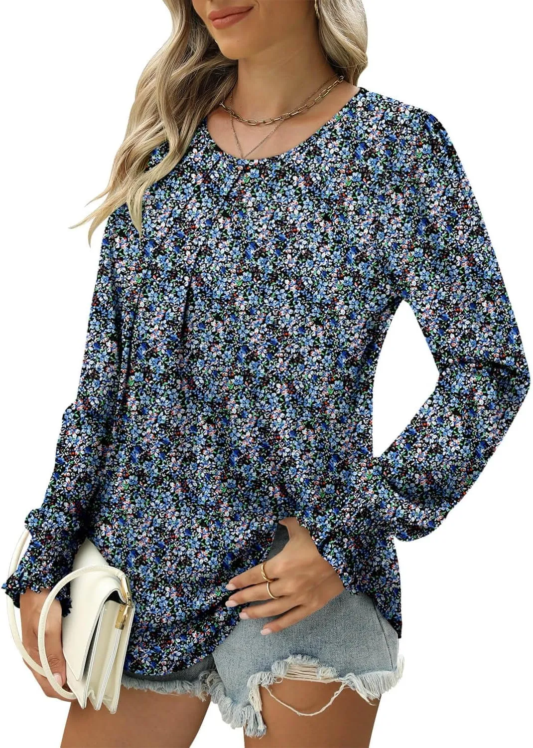 ONLYSHE Women's Long Sleeve Shirts Crewneck Tops TShirts Ladies Casual Flowy Tunic Tops Ruffle Fall Blouse