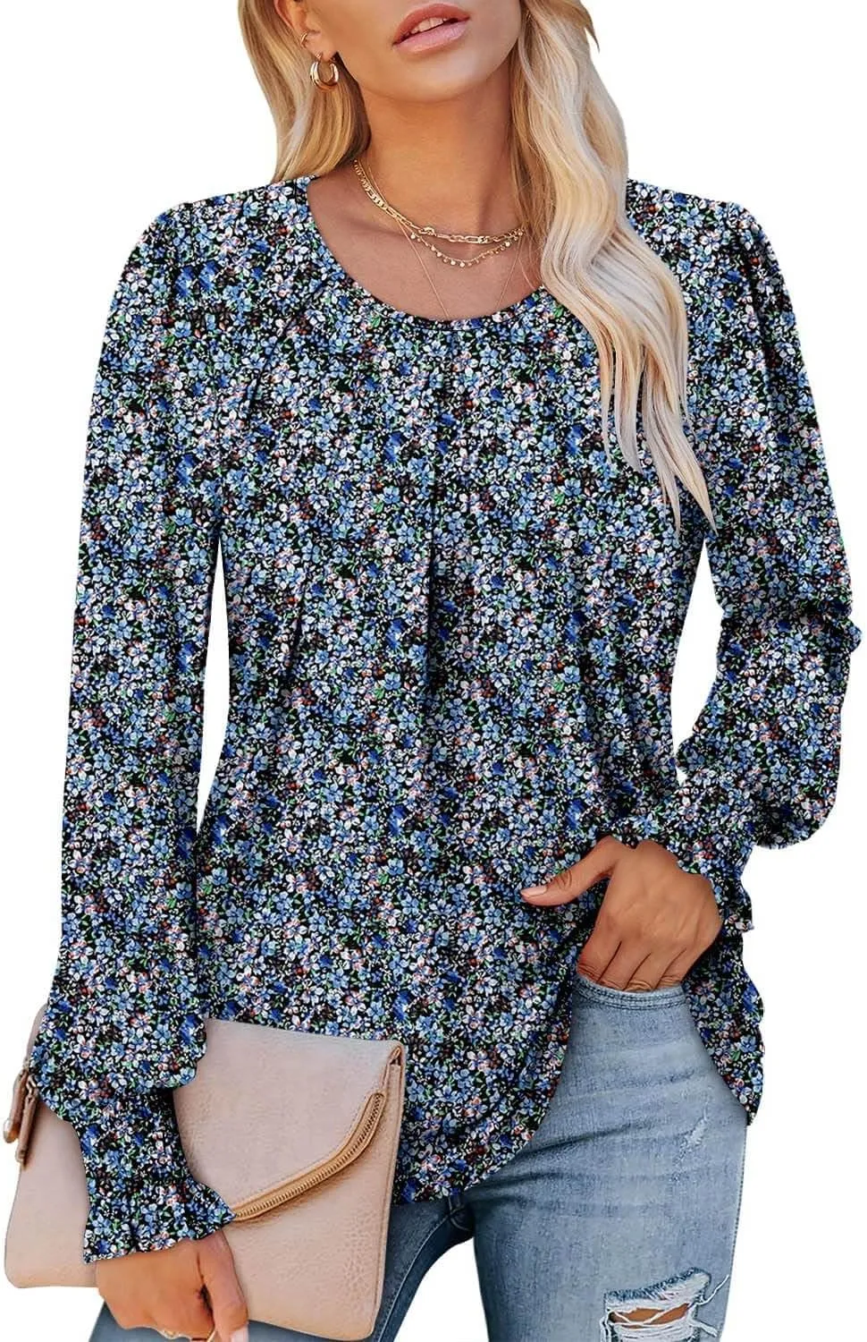 ONLYSHE Women's Long Sleeve Shirts Crewneck Tops TShirts Ladies Casual Flowy Tunic Tops Ruffle Fall Blouse