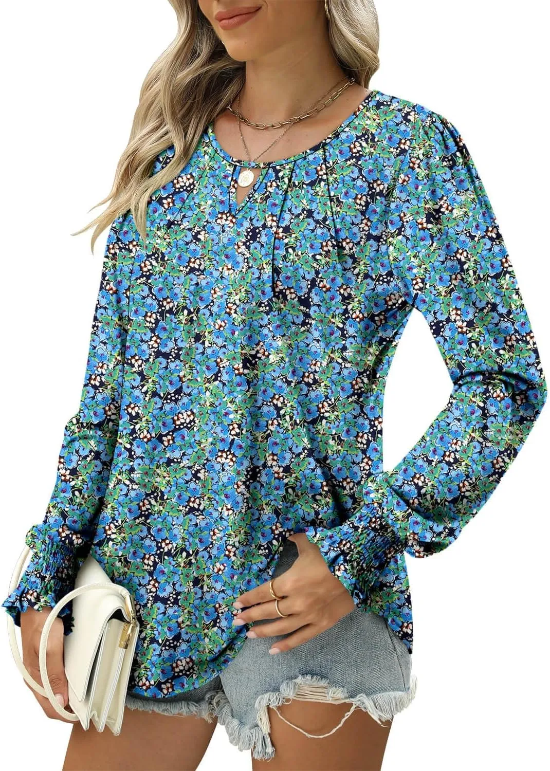 ONLYSHE Women's Long Sleeve Shirts Crewneck Tops TShirts Ladies Casual Flowy Tunic Tops Ruffle Fall Blouse