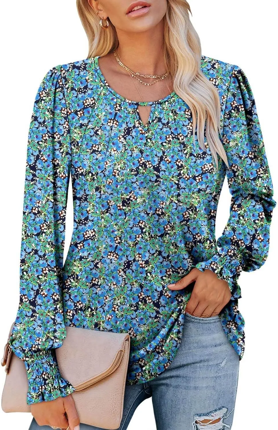 ONLYSHE Women's Long Sleeve Shirts Crewneck Tops TShirts Ladies Casual Flowy Tunic Tops Ruffle Fall Blouse