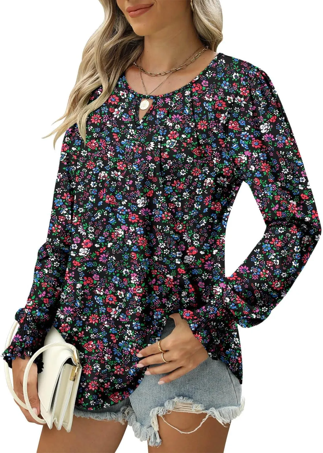 ONLYSHE Women's Long Sleeve Shirts Crewneck Tops TShirts Ladies Casual Flowy Tunic Tops Ruffle Fall Blouse