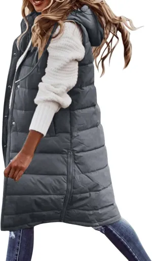 Orange Jacket Women's Long Quilted Vest Hooded Sleeveless Button Down Puff Vest Cotton Padded Jacket Winter Coat